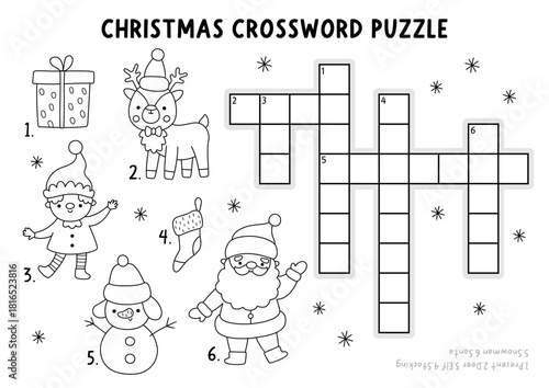 Vector Christmas crossword puzzle for kids. Black and white New Year quiz with Santa Claus, deer, elf, present, snowman, stocking. Line winter holiday educational cross word activity, coloring page