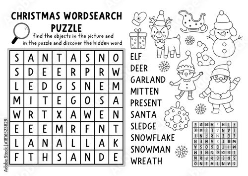 Vector Christmas word search puzzle for kids. Black and white New Year wordsearch quiz with Santa Claus, deer, elf, snowman. Winter holiday line educational cross word activity, coloring page