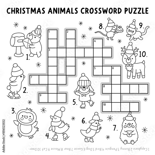 Vector Christmas crossword puzzle for kids. Black and white New Year quiz with animals. Line winter holiday educational cross word activity, coloring page with capybara, cat, deer, bear, penguin