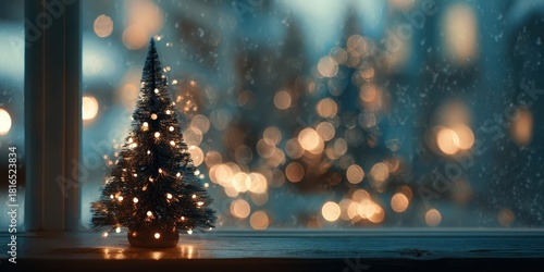 Christmas tree glowing by window with festive bokeh lights