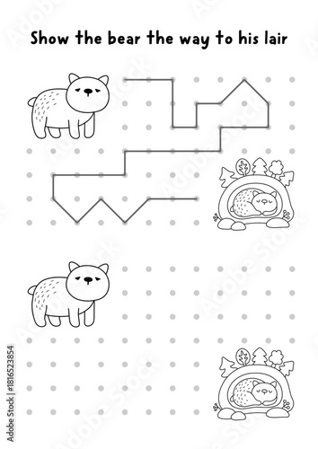 Christmas or New Year drawing, writing, tracing, space orientation activity for kids with brown bear going to lair. Draw lines in box according example. Winter holiday printable game, puzzle