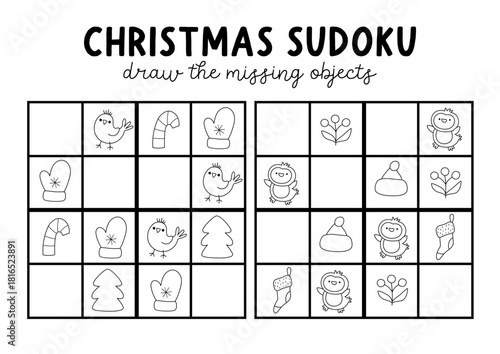 Vector Christmas sudoku puzzle for kids with pictures. Black and white New Year quiz with candy cane, mitten, bird, fir tree, penguin. Winter holiday line activity, coloring page. Draw missing object