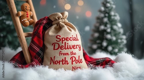 Special delivery from the north pole christmas sack with gingerbread man and snowy trees