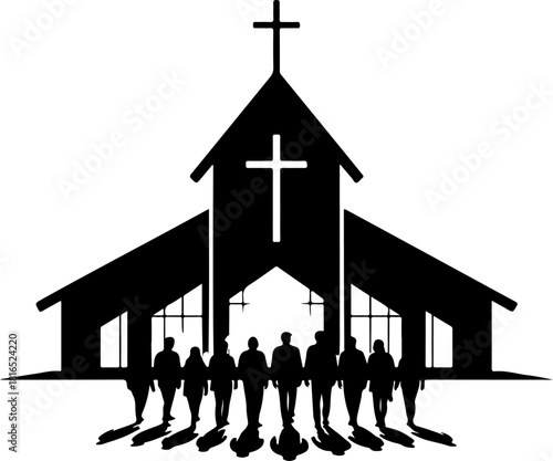 church with people walking towards silhouette vector illustration