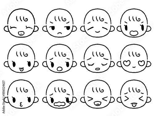 手描きの赤ちゃんの表情セット白黒１