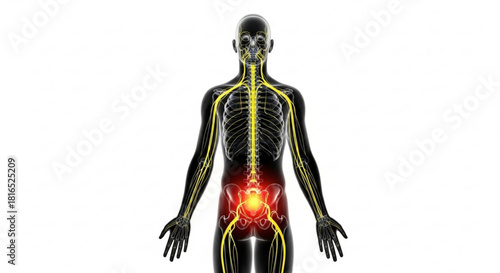 Anatomical illustration of human body showing nervous system and pain in the pelvic region area of body