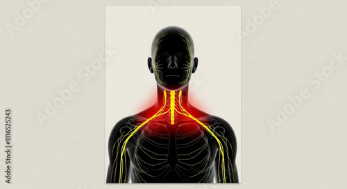 Human figure displaying the nervous system with red highlighting on neck and shoulder areas shown