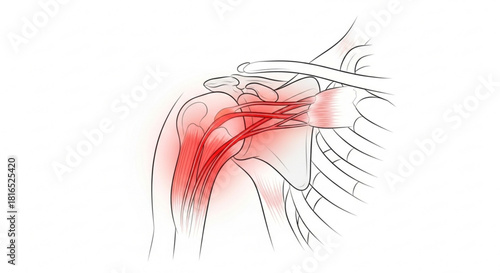 Illustration of a shoulder with visible muscles and tendons highlighted in red indicating pain area