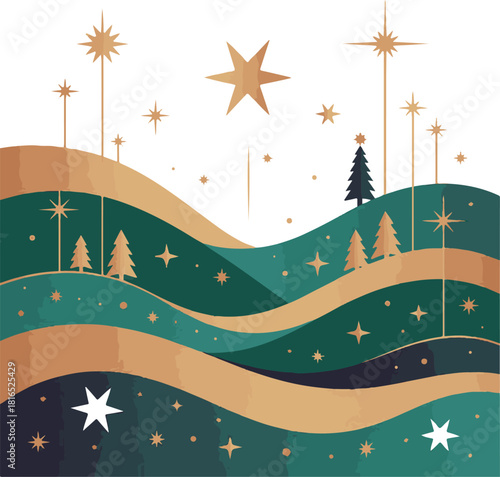 Abstract Christmas Landscape with Stars and Pine Trees  Festive Winter Night Scene Vector Illustration