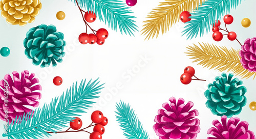 Golden and Teal Pinecone Holiday Border – Christmas Botanical Frame, Chrismas concept