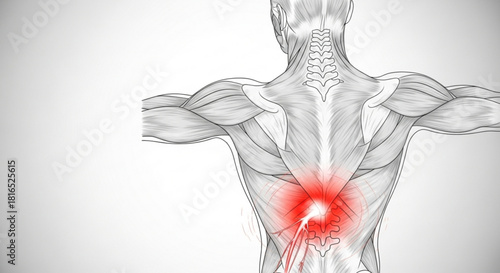 Anatomical back view illustration with highlighted pain area in the lower back region of the spine