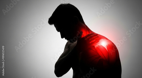 Silhouette of a man with red pain indicators on his shoulder and neck showing discomfort and strain issues