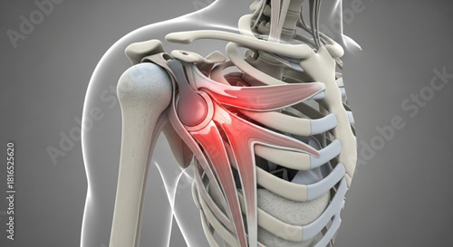 Anatomical illustration showing the shoulder joint with muscles and bones in detail and red inflammation