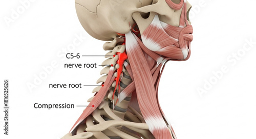 Anatomical view of the cervical spine showing nerve root compression and associated neck muscle structure