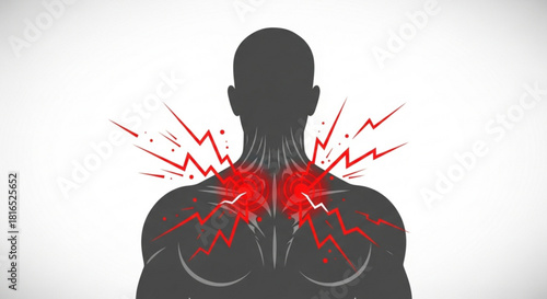 Silhouette of person with red pain indicators around neck and shoulders showing discomfort sensation