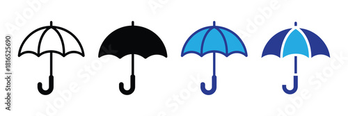 Four stylized umbrella icons, line art, solid black, light blue, and two-tone blue, representing weather protection and outdoor gear.