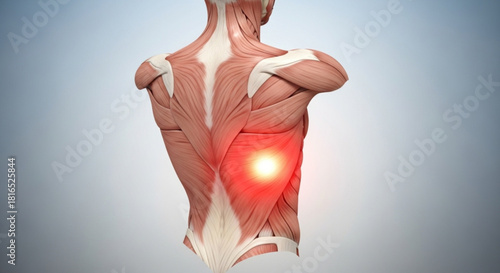 Anatomical illustration showing the human back muscles with a highlighted pain area in the lower back