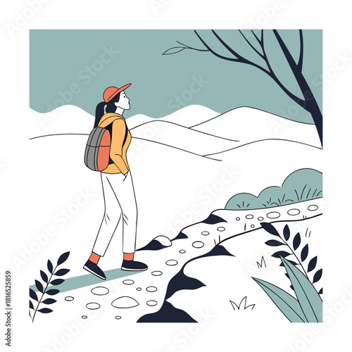A person with a backpack is hiking on a scenic mountain trail, enjoying the outdoors and nature, with a minimalist illustration style depicting adventure and exploration