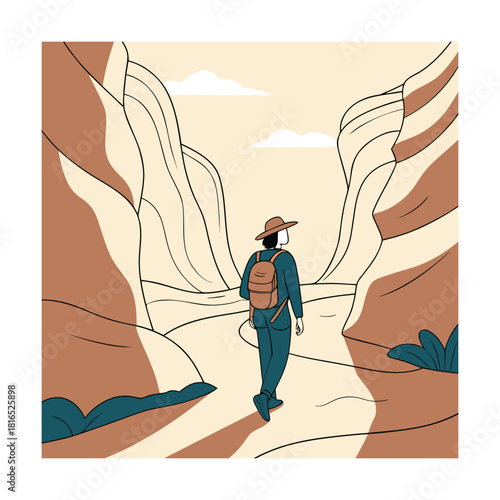 Back view of a person in a hat and backpack hiking through a scenic desert canyon, surrounded by towering, textured rock walls, depicting a journey of discovery and outdoor adventure