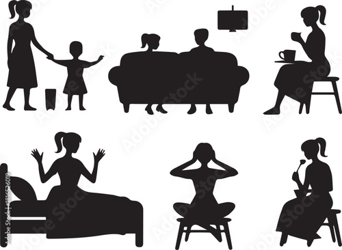Silhouette of family, woman sitting, sleeping, meditating and doing yoga