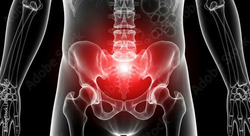 Anatomical illustration showing the human pelvis and spine with a highlighted area of pain location