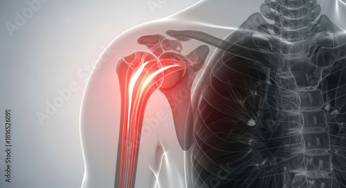 Anatomical illustration showing shoulder pain with red highlights on the shoulder and upper arm area
