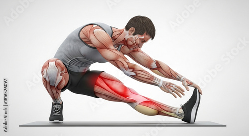 Anatomical illustration of a man stretching his leg muscles with emphasis on the affected area in red