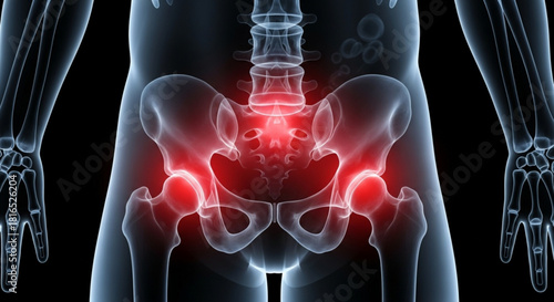 Anatomical illustration of the human pelvis and hip joints with highlighted red areas indicating pain or inflammation