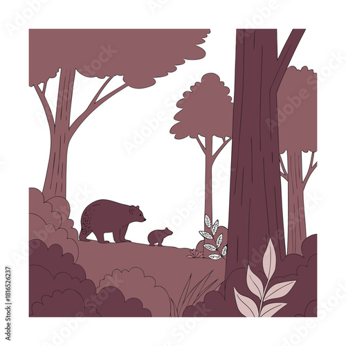 A stylized illustration of a mother bear and her cub moving through a forest, with silhouettes of trees and foliage in a monochromatic brown and purple scheme, highlighting wildlife