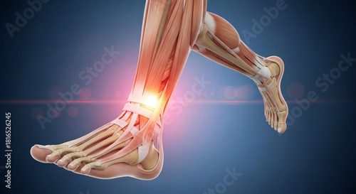 Anatomical illustration of a human leg and foot with highlighted ankle pain and muscle structure shown