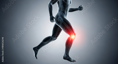 Anatomical illustration of a human skeleton running with knee joint highlighted in red color effect