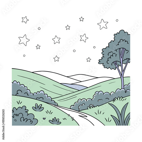 Cartoon illustration of a serene night landscape with rolling green hills, a winding path, lush bushes, a solitary tree, and twinkling stars, isolated on