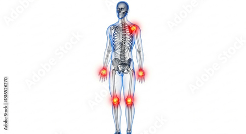 Anatomical illustration of human skeleton with highlighted joints and pain points in red color scheme