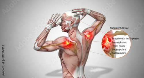 Anatomical illustration of human shoulder with highlighted muscles and shoulder capsule impingement detail