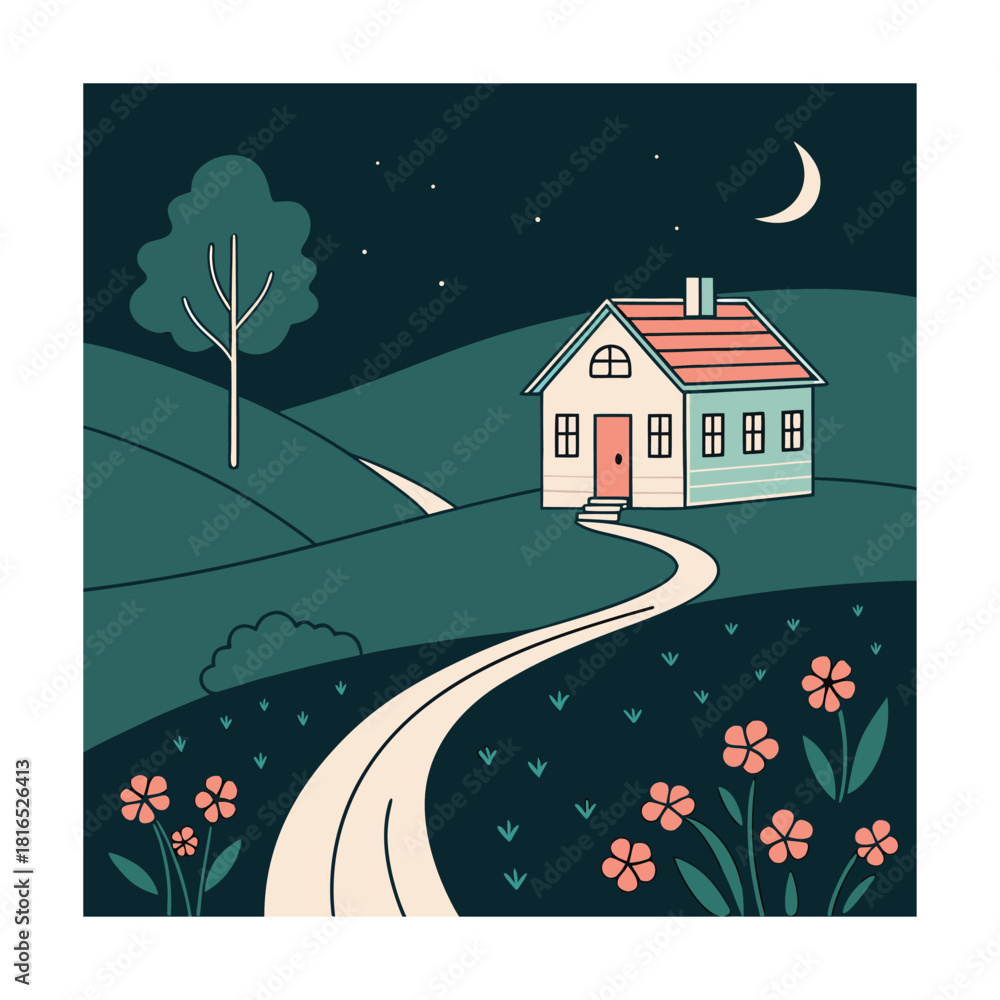 Fototapeta premium Idyllic night landscape illustration with a charming house on a green hill, a winding path, blooming flowers, a tall tree, and a crescent moon in the dark sky, evoking peace and rustic beauty
