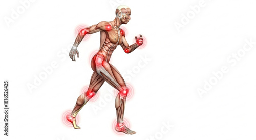 Anatomical illustration of a human figure running with visible muscles and joint pain highlighted in red