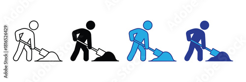 Iconic representation of a person digging and moving earth with a shovel, isolated on a clean white background, showcasing various styles and colors for diverse applications.