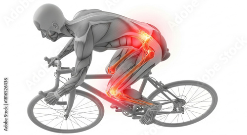 Anatomical illustration of a cyclist showing areas of pain and muscle structure in a gray tone image
