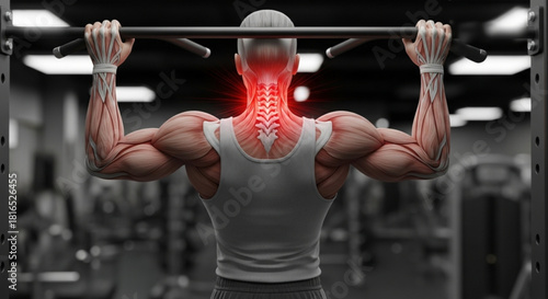Man doing pull ups with visible muscles and red neck pain in a gym setting from a rear view
