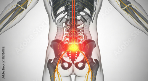 Anatomical illustration of the human torso highlighting the spine and nerve network with pain indication