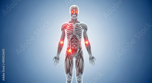Anatomical illustration of human skeleton with red glowing points indicating pain areas on the body