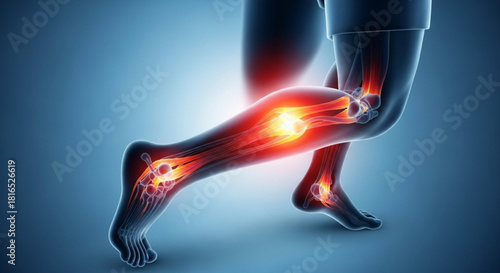 Illustration showing inflammation and pain in the lower leg and ankle region anatomy detail