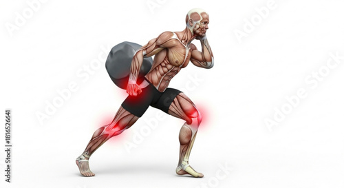 Anatomical illustration of a man carrying a heavy gray object with red pain indicators on joints