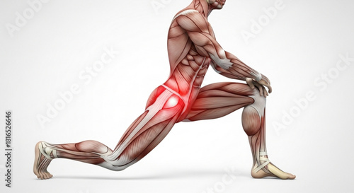 Anatomical illustration of a man stretching with highlighted hip and leg muscles showing pain or injury