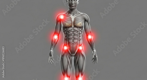 Anatomical illustration of human body with highlighted joints indicating pain and inflammation for medical use