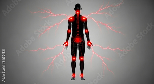 Silhouette of human body with red glowing joints and lightning emanating from the body on gray background
