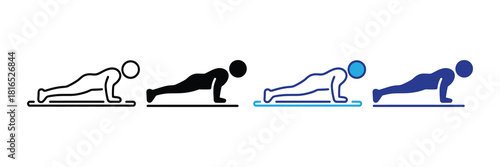 Fitness exercise icon set: push up variations showing different styles including outline, solid silhouette, and colored illustrations for a workout.