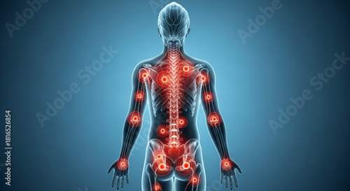 Rear view of human body with visible skeleton and joints highlighted in red color showing pain points