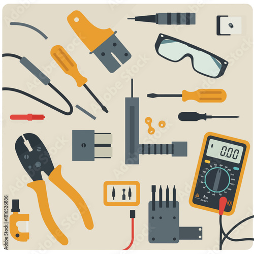 Illustration of various electrical and electronic tools, including screwdrivers, pliers, and a multimeter.