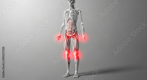 Anatomical illustration showing human skeleton with red highlighted joints and muscle structure